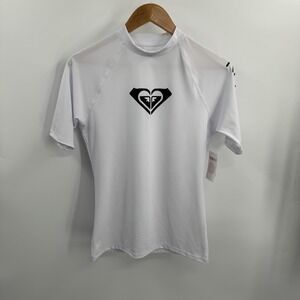 NWT Roxy Rash Guard Shirt Womens L White Swim Top UPF 50 Short Sleeve Logo Beach
